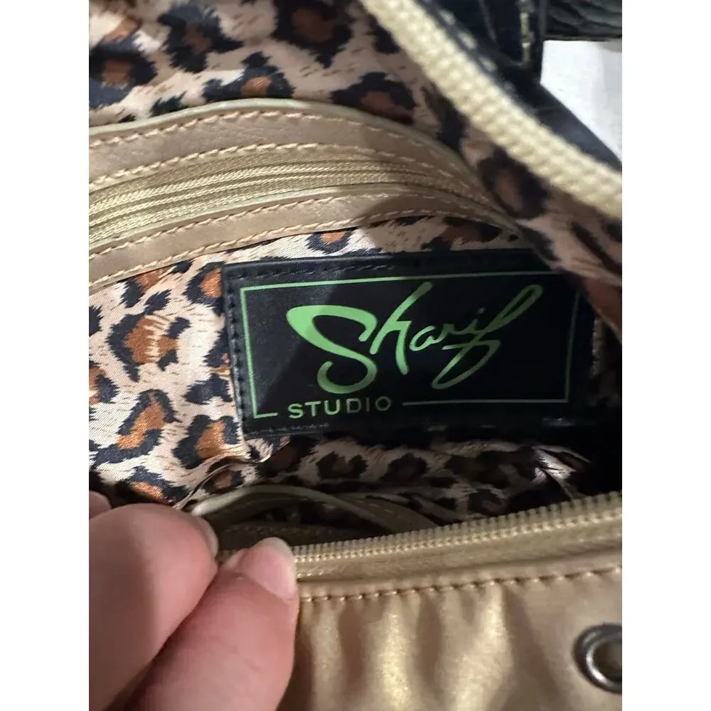 Vintage Y2K Sharif Studio Studded Shoulder Bag Beige Black PVC Leather Trim